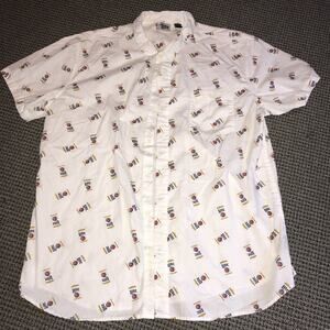 Miller Lite All Over Logo Print Shirt Men’s XXL White Button Up Short Sleeve